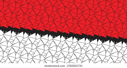 Abstract geometric vector background featuring red and white 3D triangle clusters separated by a jagged black line, suitable for websites presentations, advertising, sport dsn