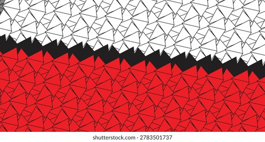 Abstract geometric vector background featuring red and white 3D triangle clusters separated by a jagged black line, suitable for websites presentations, advertising, sport dsn