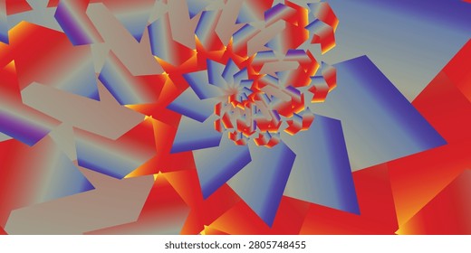 Abstract geometric vector background featuring a dynamic spiral vortex of multi-colored 3D angular shapes and vibrant red, orange, and blue gradients for modern digital art, wallpapers, and cover designs