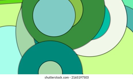 Abstract geometric vector background in Material design style with a limited harmonized palette, with concentric circles and rotated rectangles with shadows, imitating cut paper.