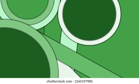 Abstract geometric vector background in Material design style with a limited harmonized palette, with concentric circles and rotated rectangles with shadows, imitating cut paper.