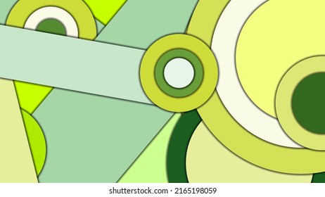 Abstract geometric vector background in Material design style with a limited harmonized palette, with concentric circles and rotated rectangles with shadows, imitating cut paper.