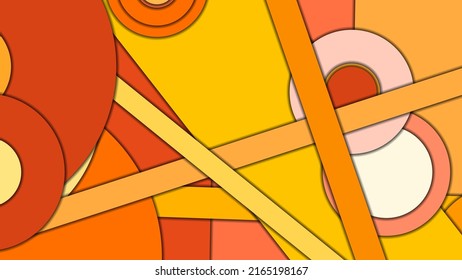 Abstract geometric vector background in Material design style with a limited harmonized palette, with concentric circles and rotated rectangles with shadows, imitating cut paper.