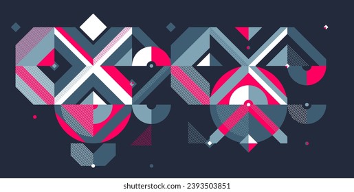 Abstract geometric vector background, Memphis style wallpaper design over dark, trendy retro art, modern style design.