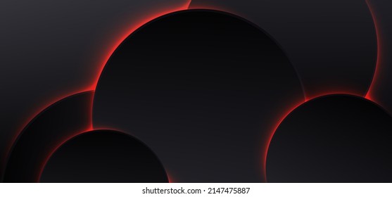Abstract geometric vector background. Minimal style design. Black circles with neon glow. Abstract black wallpaper.