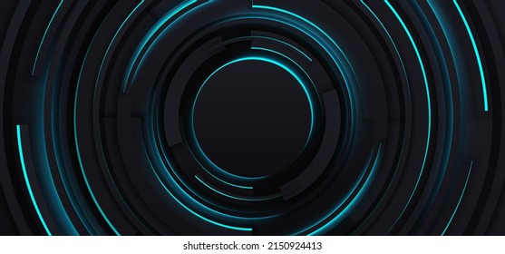 Resumen del fondo del vector geométrico. Diseño minimalista. Círculos negros con neón resplandeciente. Papel pintado negro abstracto.