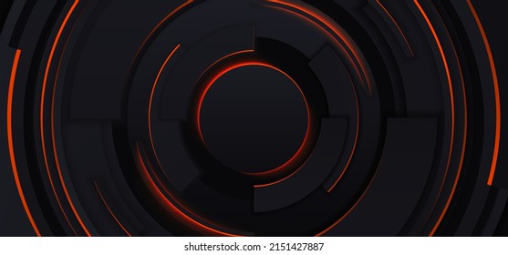 Abstract geometric vector background. Minimal style design. Black circles with neon glow. Abstract black wallpaper.