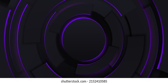 Abstract geometric vector background. Minimal style design. Black circles with neon glow. Abstract black wallpaper.