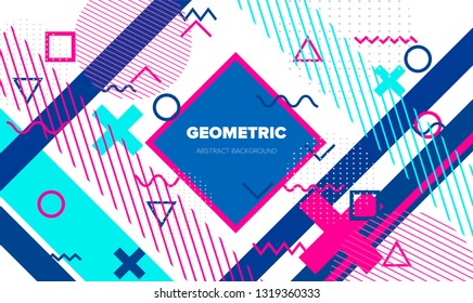 Abstract geometric vector background in neo memphis style. Different shapes and forms in vivid color palette.