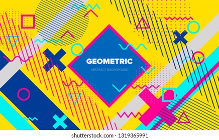 Abstract geometric vector background in neo memphis style. Different shapes and forms in vivid color palette.