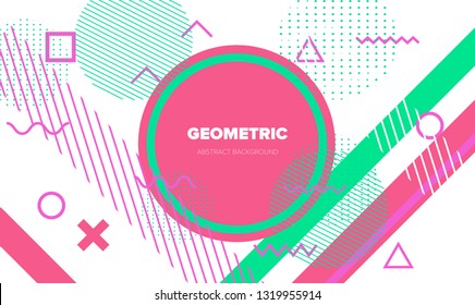Abstract geometric vector background in neo memphis style. Different shapes and forms in pastel color palette.