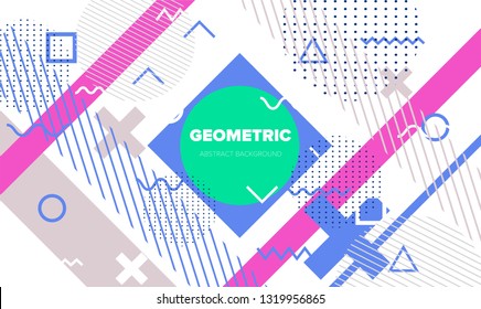 Abstract geometric vector background in neo memphis style. Different shapes and forms in pastel color palette.