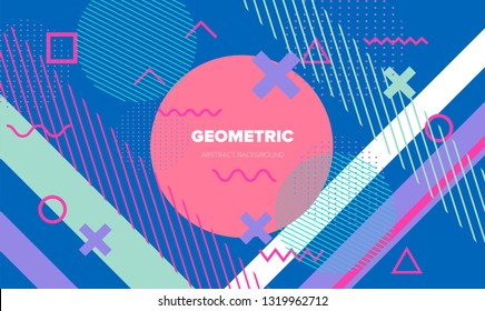 Abstract geometric vector background in neo memphis style. Different shapes and forms in pastel color palette.