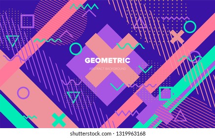 Abstract geometric vector background in neo memphis style. Different shapes and forms in pastel color palette.