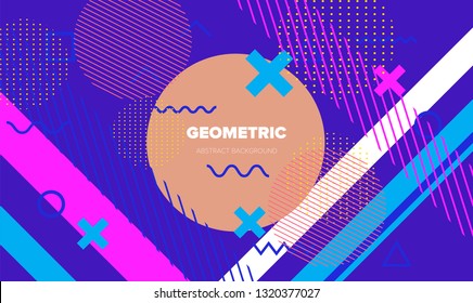 Abstract geometric vector background in neo memphis style. Different shapes and forms in pastel color palette. Music event poster, cover template.