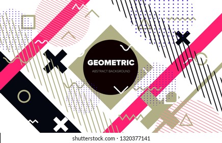 Abstract geometric vector background in neo memphis style. Different shapes and forms in pastel color palette. Music event poster, cover template.
