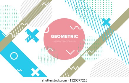 Abstract geometric vector background in neo memphis style. Different shapes and forms in pastel color palette. Music event poster, cover template.