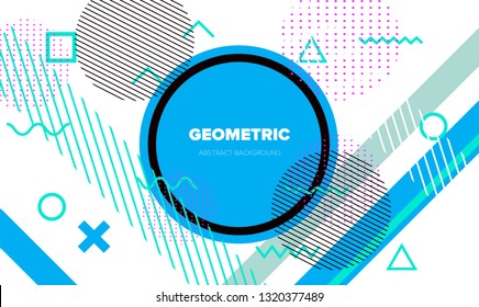 Abstract geometric vector background in neo memphis style. Different shapes and forms in pastel color palette. Music event poster, cover template.