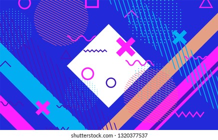 Abstract geometric vector background in neo memphis style. Different shapes and forms in pastel color palette. Music event poster, cover template.