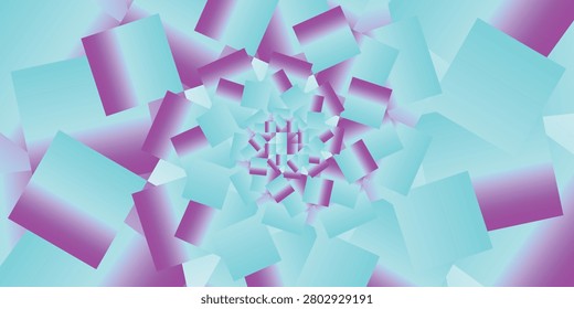 Abstract geometric vector background with perspective zoom tunnel effect, featuring a gradient of vibrant magenta and light cyan blue square shapes creating a futuristic 3D illusion pattern
