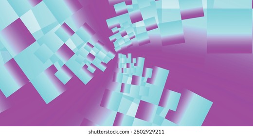 Abstract geometric vector background with perspective zoom tunnel effect, featuring a gradient of vibrant magenta and light cyan blue square shapes creating a futuristic 3D illusion pattern
