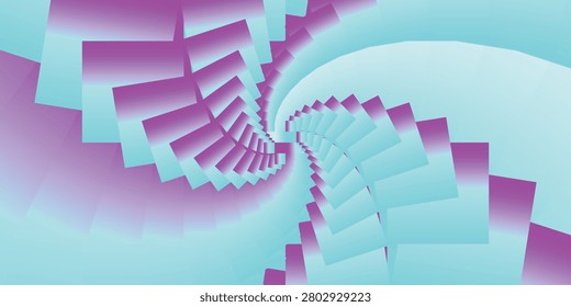 Abstract geometric vector background with perspective zoom tunnel effect, featuring a gradient of vibrant magenta and light cyan blue square shapes creating a futuristic 3D illusion pattern