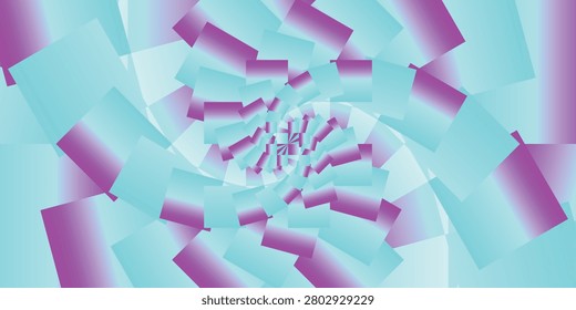 Abstract geometric vector background with perspective zoom tunnel effect, featuring a gradient of vibrant magenta and light cyan blue square shapes creating a futuristic 3D illusion pattern