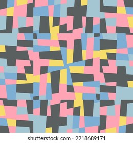 Abstract geometric vector background with random pattern of simple shapes like rectangle, square, triangle and polygon. Pastel colored retro style colorful mosaic.