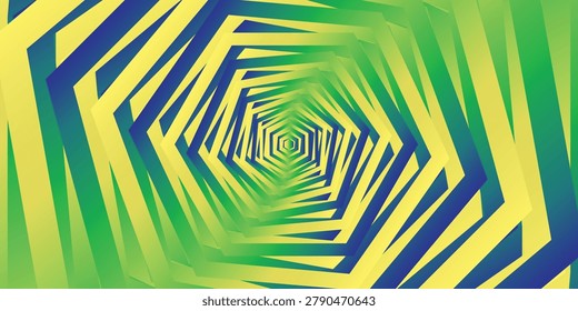 Abstract geometric vector background series featuring vibrant yellow, green, and blue gradients with concentric hexagon patterns, interlocking honeycomb shapes, and dynamic 3D perspective tunnels