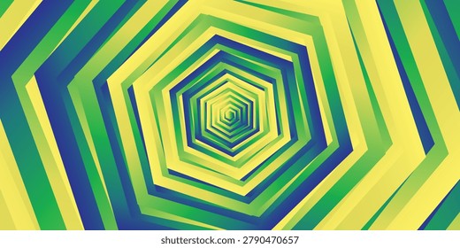 Abstract geometric vector background series featuring vibrant yellow, green, and blue gradients with concentric hexagon patterns, interlocking honeycomb shapes, and dynamic 3D perspective tunnels