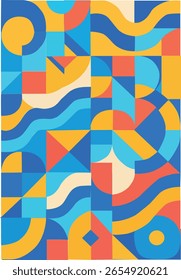 Vetor geométrico de fundo abstrato com cores vibrantes e padrões de ondas dinâmicas. Moderno mosaico minimalista com formas arrojadas e tons brilhantes. Ideal para pôsteres, web design, branding e arte digital