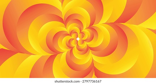 Abstract geometric vector background with vibrant orange and yellow gradient circles, optical illusion tunnel effect, psychedelic sunburst pattern, and dynamic central zoom perspective