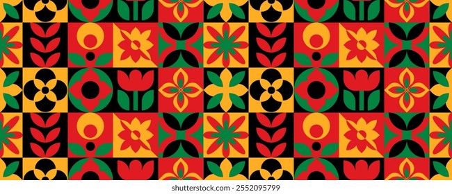 Banner vetorial geométrico abstrato para Mês da História do Negro ou Juneteenth com padrão floral de fundo sem costura.