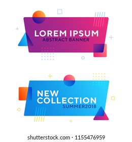 Abstract geometric vector banners in modern memphis design style. Different shapes with vivid gradients: square, circle, triangle. Copyspace for your text. Ready to use in web design or advertisement.