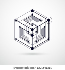 Abstract geometric vector black and white background with cubes and other elements. Composition of cubes, hexagons, squares, rectangles and abstract elements. Perfect background for your designs