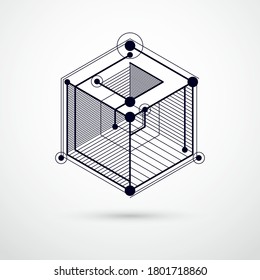 Abstract geometric vector black and white background with cubes and other elements. Composition of cubes, hexagons, squares, rectangles and abstract elements. Perfect background for your designs