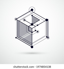 Abstract geometric vector black and white background with cubes and other elements. Composition of cubes, hexagons, squares, rectangles and abstract elements. Perfect background for your designs