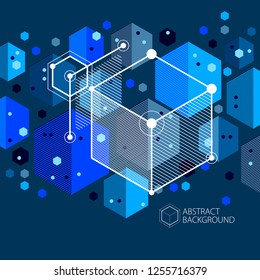 Abstract geometric vector blue background with cubes and other elements. Composition of cubes, hexagons, squares, rectangles and abstract elements. Perfect background for your design projects.