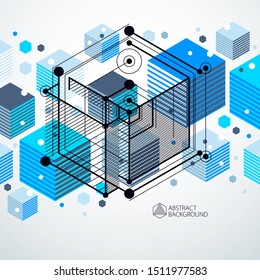 Abstract geometric vector blue background with cubes and other elements. Composition of cubes, hexagons, squares, rectangles and abstract elements. Perfect background for your design projects.