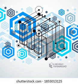 Abstract geometric vector blue background with cubes and other elements. Composition of cubes, hexagons, squares, rectangles and abstract elements. Perfect background for your design projects.