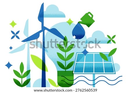 Abstract geometric vector environmental illustration of light bulb with green plant inside, wind turbines, solar panels and water drop. Concept for renewable energy, sustainability and eco innovation