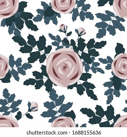 Abstract geometric vector flowers roses and leaves on a white background seamless pattern.