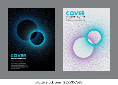 Abstract geometric vector with halftone dots patterns forming a circular shape on dark and clean background. Two overlapping circles give a sense of space. For cover, digital and print media.