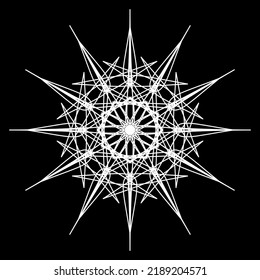 Ilustración del vector geométrico abstracto. Ornamento de redondeo de línea en fondo negro. Elemento blanco sobre fondo oscuro. Fractura de patrón geométrico. Mandala. Un patrón inusual. Rayos estelares. Eps 10 Decorativo