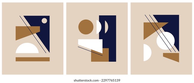 Abstract Geometric Vector Illustration. Royal Blue, Gold and White Circles, Squares and Lines Isolated on a Dusty Beige Background. Mid Century Art Style Print. Minimalist Geometric Print. Symbolism.
