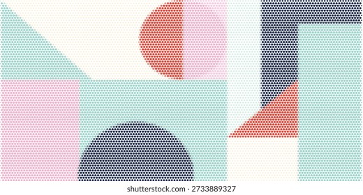 Abstractas Ilustración vectorial geométrica que muestra una disposición armoniosa de círculos, semicírculos, rectángulos y triángulos en suaves colores pastel, incluyendo rosa, rojo, verde azulado y azul marino, perfecto para proyectos de diseño moderno.
