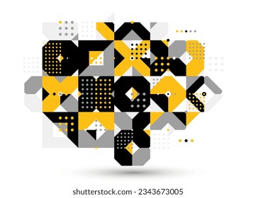 Abstract geometric vector modular background, retro 70s modernism style pattern, modular tiles with dots, spotty pattern with circles squares and triangles.