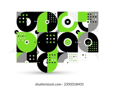 Abstract geometric vector modular background, retro 70s modernism style pattern, modular tiles with dots, spotty pattern with circles squares and triangles.
