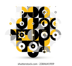 Abstract geometric vector modular background, retro 70s modernism style pattern, modular tiles with dots, spotty pattern with circles squares and triangles.