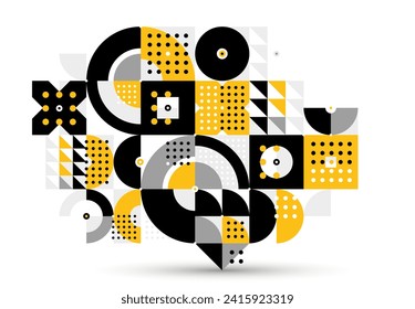 Abstract geometric vector modular background, retro 70s modernism style pattern, modular tiles with dots, spotty pattern with circles squares and triangles.